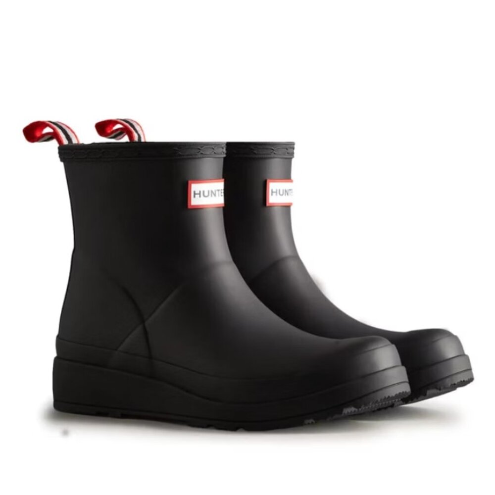 Hunter Black Short Rain Boots with Red-Trim Pull Tabs